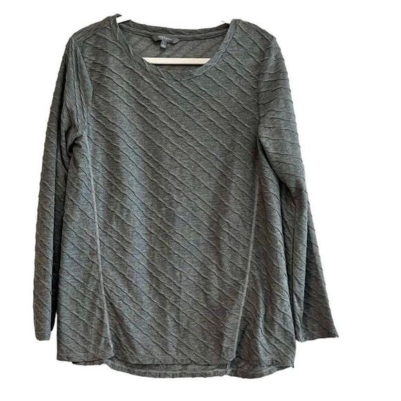 Daisy Fuentes Gray Long Sleeve Blouse Ruffle Diagonal Stripes Large - Picture 1 of 10
